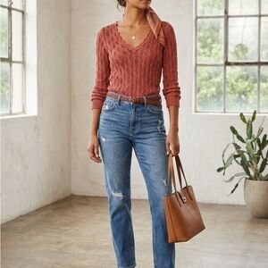 LOFT Petites Women's Cotton Burnt Orange Crotchet Knit Top-Small Petite